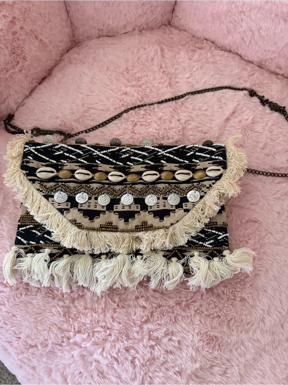 Express Black & Cream Beaded Fringe Crossbody Clutch